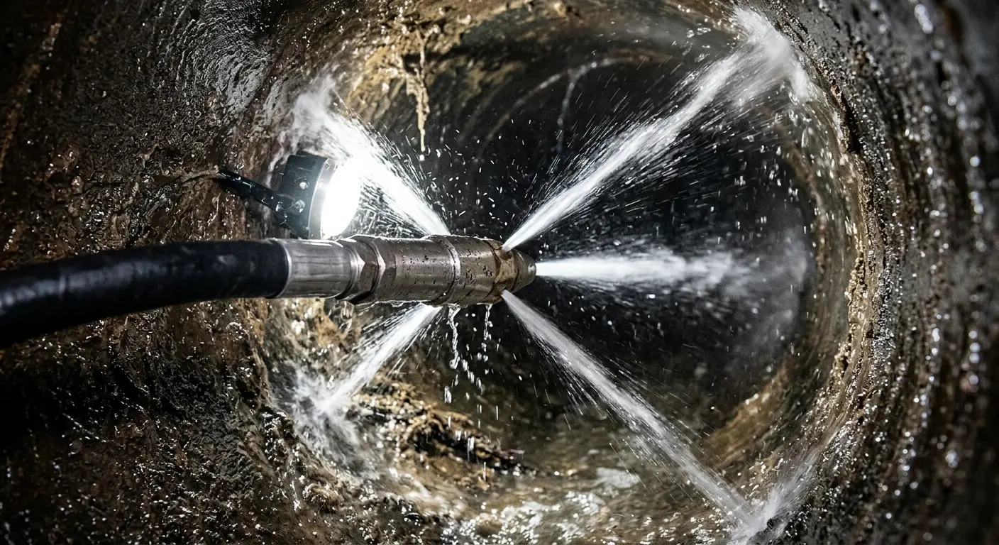 High-pressure hydro jetting nozzle cleaning sewer pipe for Emergency Drain Service in Plainfield